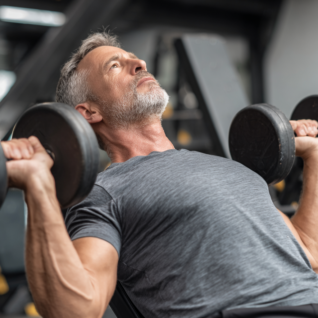 Чоловік 52 років демонструє результати місячного тренування, показуючи покращення фізичної форми та м'язового тонусу