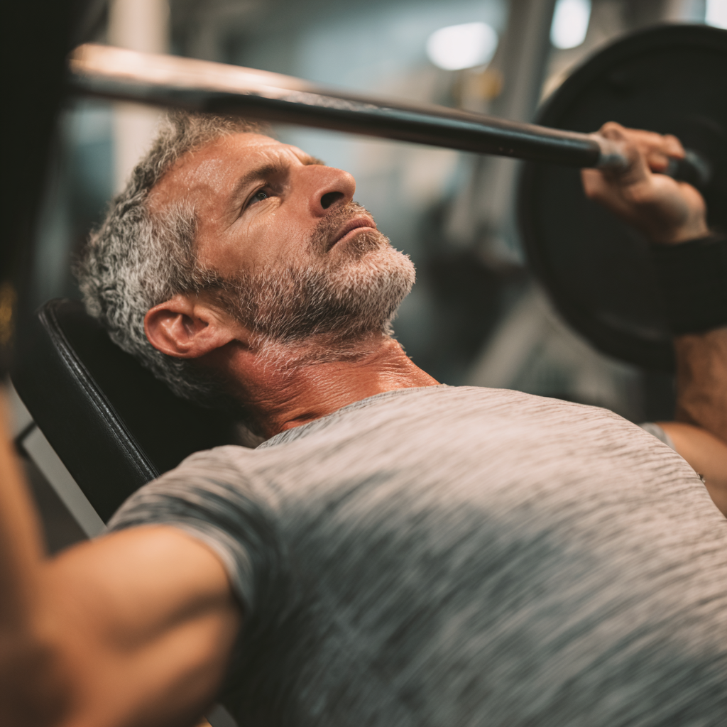 Чоловік 55 років виконує силові вправи в тренажерному залі, демонструючи правильну техніку жиму лежачи