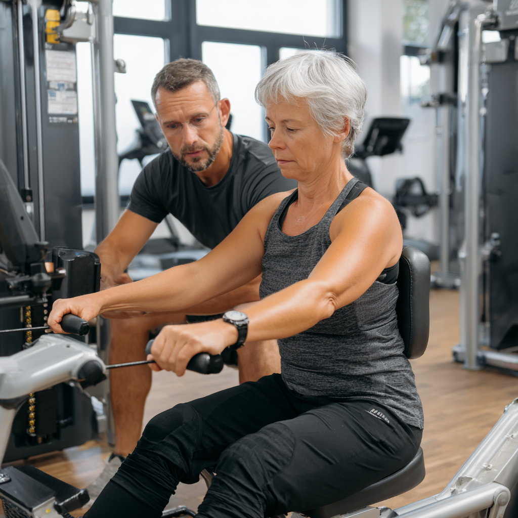 Жінка 58 років займається на тренажері під наглядом персонального тренера, демонструючи правильну техніку виконання вправ