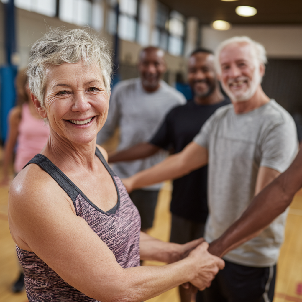 Група людей віком 50-60 років виконують групові вправи в залі, демонструючи командний дух та взаємну підтримку під час тренування